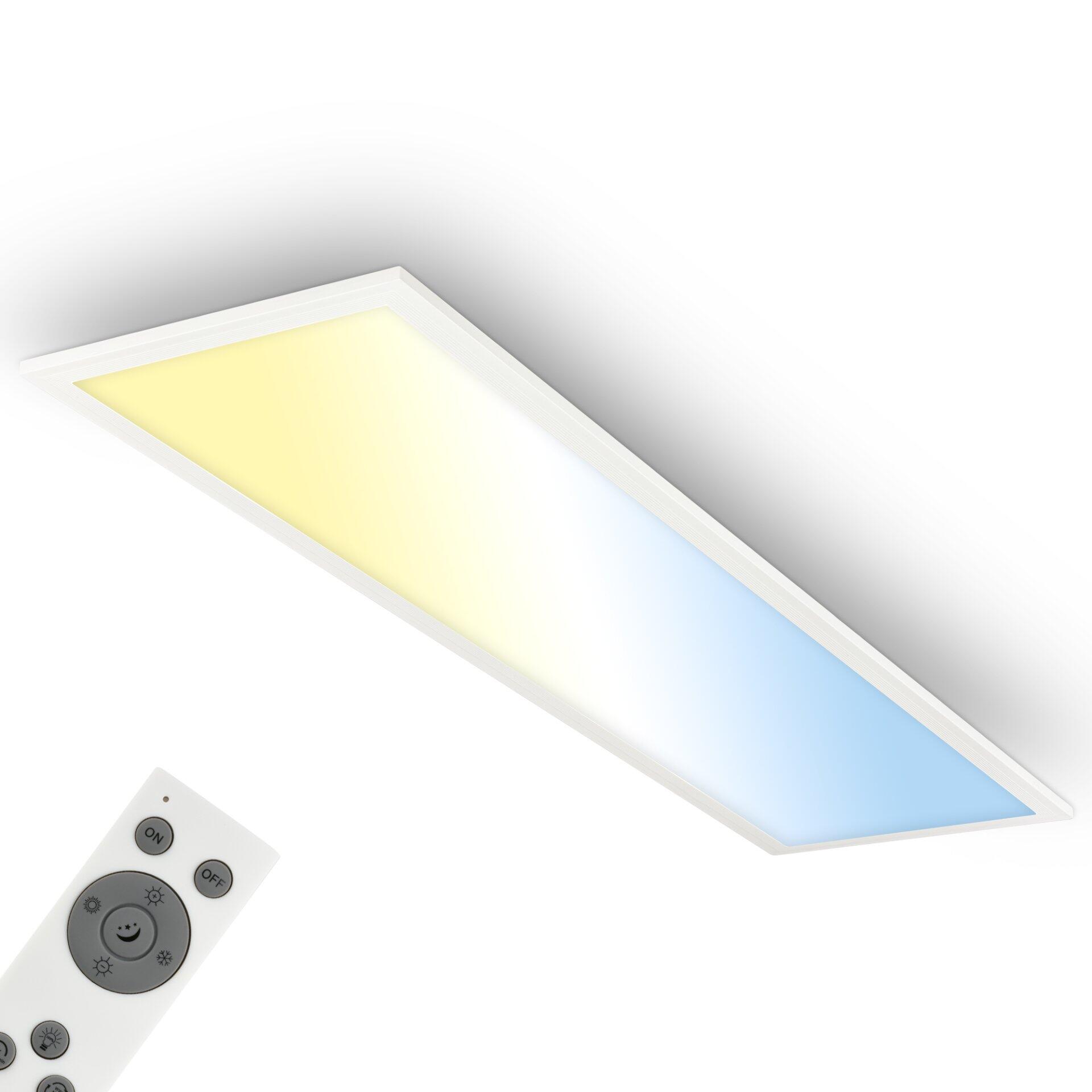 LED-Deckenleuchte Panel Piatto mit einstellbarer Farbtemperatur von warmweiß bis kühlweiß und Fernbedienung zur Steuerung von Helligkeit und Farbtemperatur.