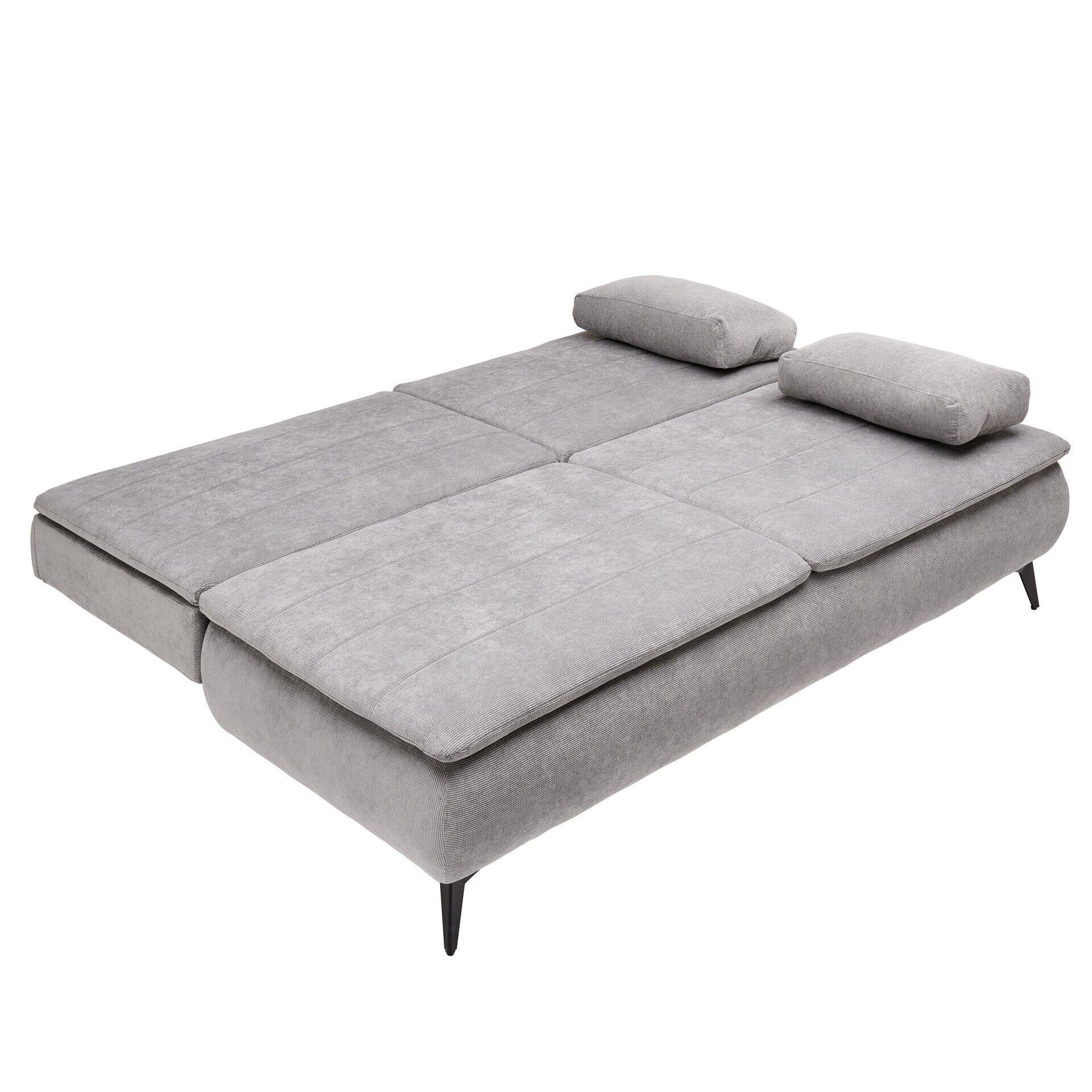 Boxspringsofa Melly in Grau, ausgezogen mit hochgeklappten Sitzflächen und Fußstütze, dargestellt aus einer seitlichen, leicht erhöhten Perspektive.