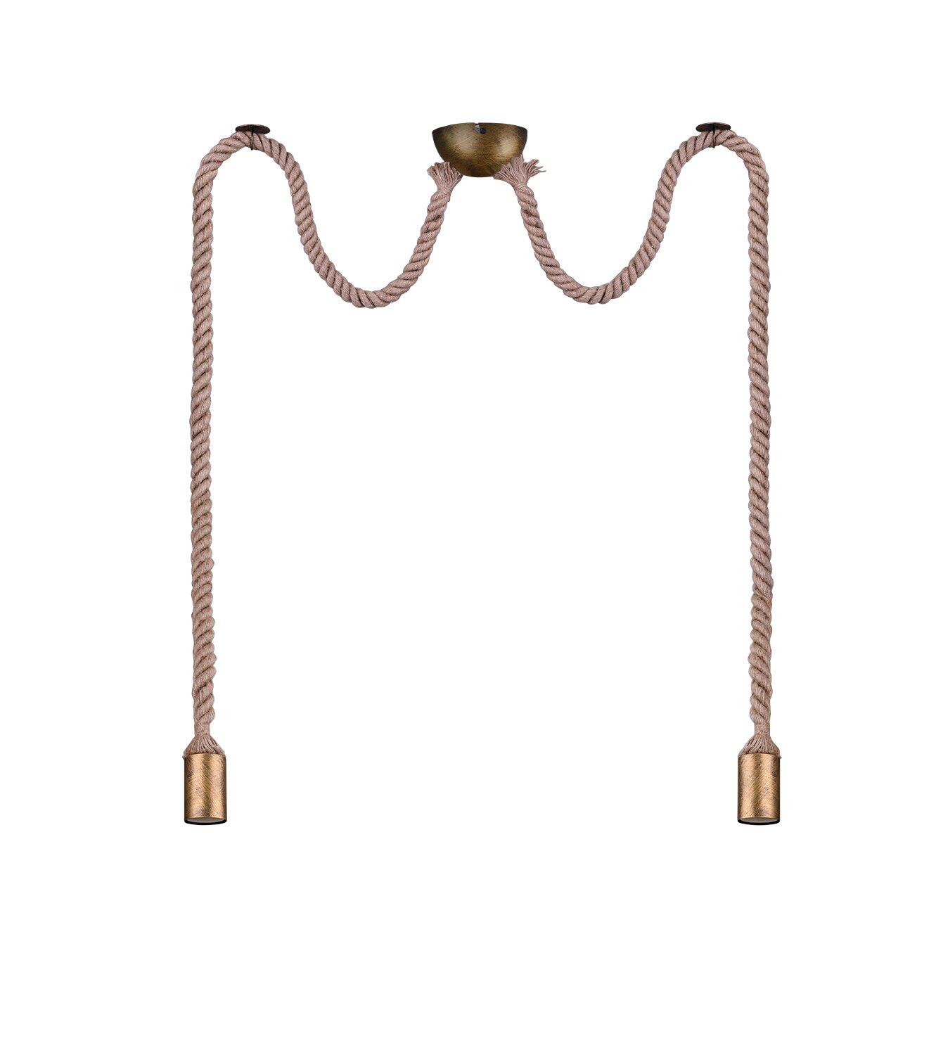 Pendelleuchte Rope mit messingfarbenem Deckenmontageelement und zwei geflochtenen Seilen in S-Form.