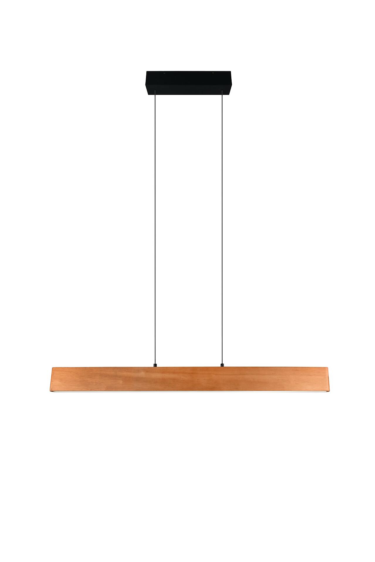 Pendelleuchte Edgewood mit gebürstetem Holzsegment, golden warmer Maserung und umrahmendem schwarzem Metallrahmen, dargestellt in einem Frontalblick.