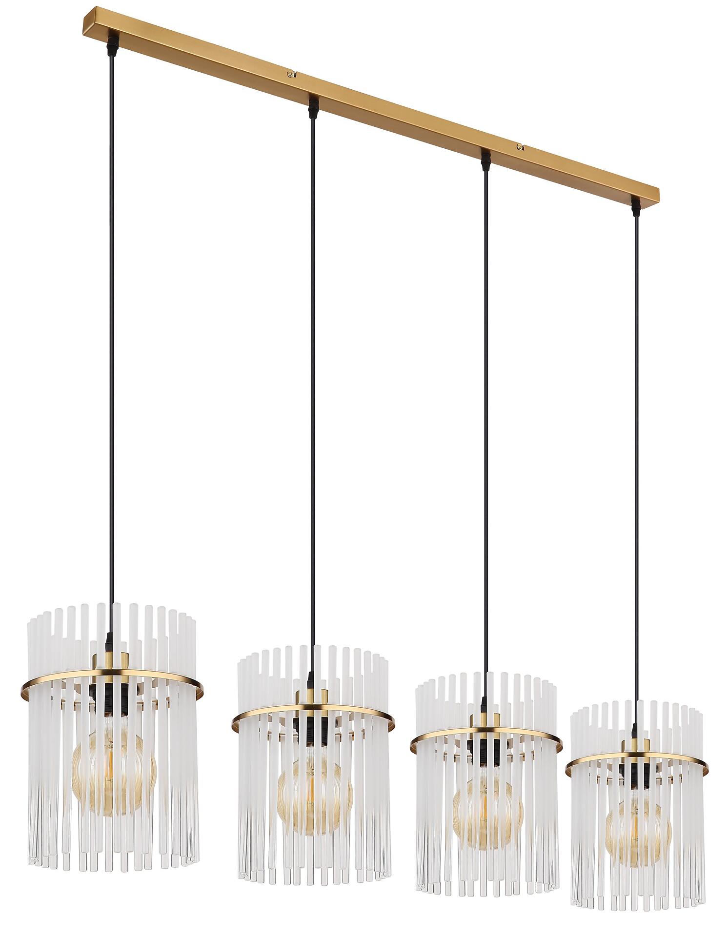 Hängeleuchte GORLEY mit goldener Grundplatte und vier Pendelarmen, die jeweils einen zylinderförmigen Diffusor mit vertikalen Glasstäben und eine Edison-Glühbirne tragen.