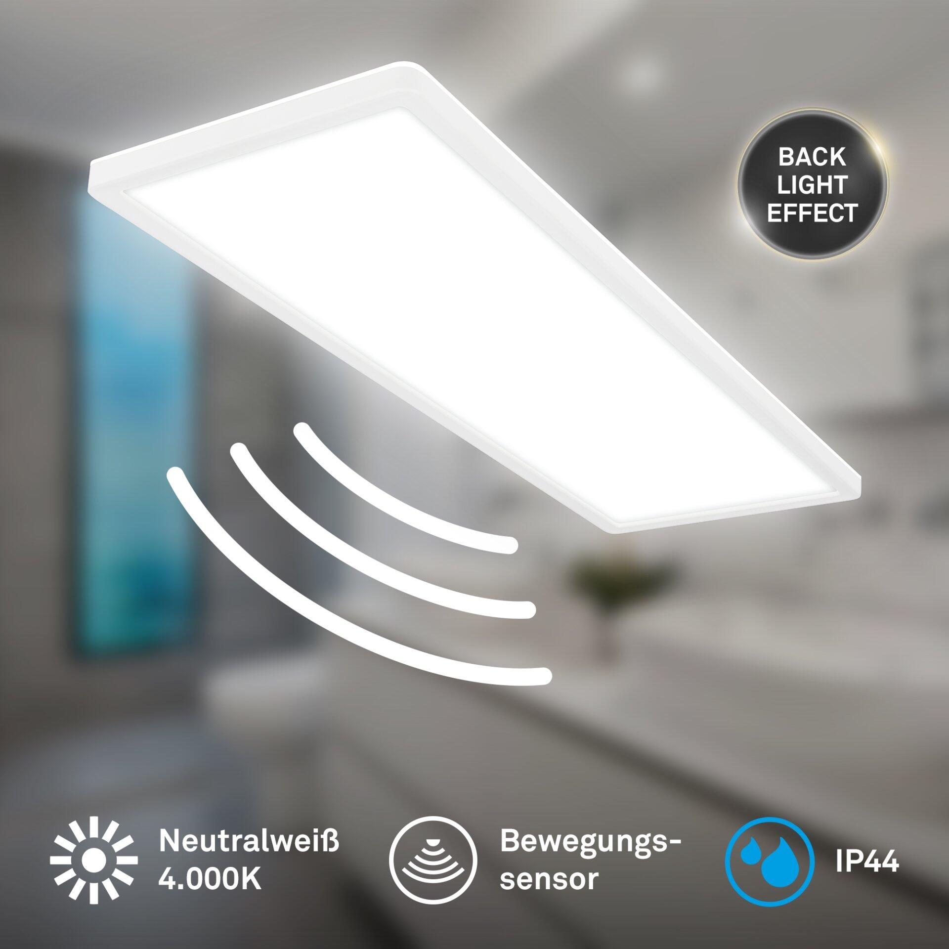 Panel, Move: Neutroweiß LED-Deckenleuchte mit Bewegungssensor, IP44-Schutz und Backlight-Effekt, abgebildet aus leicht unterer Perspektive.
