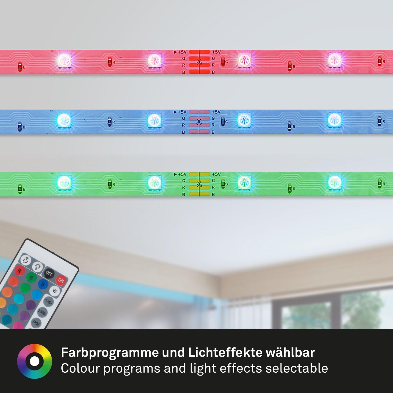 LED Band BRILO mit Fernbedienung hinter einem Fernsehgerät, das verschiedene Farbprogramme und Lichteffekte in Rot, Grün, Blau und Gelb zeigt.