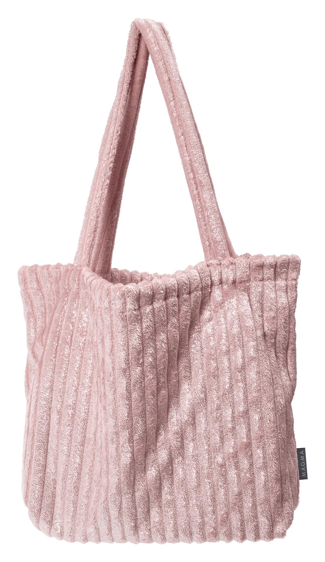 Pinkfarbene Tasche Silencio mit kastenförmigem Schnitt und breiten, aufgesetzten Henkeln, die durch die strukturierte Oberfläche ein gewelltes Muster erzeugen.