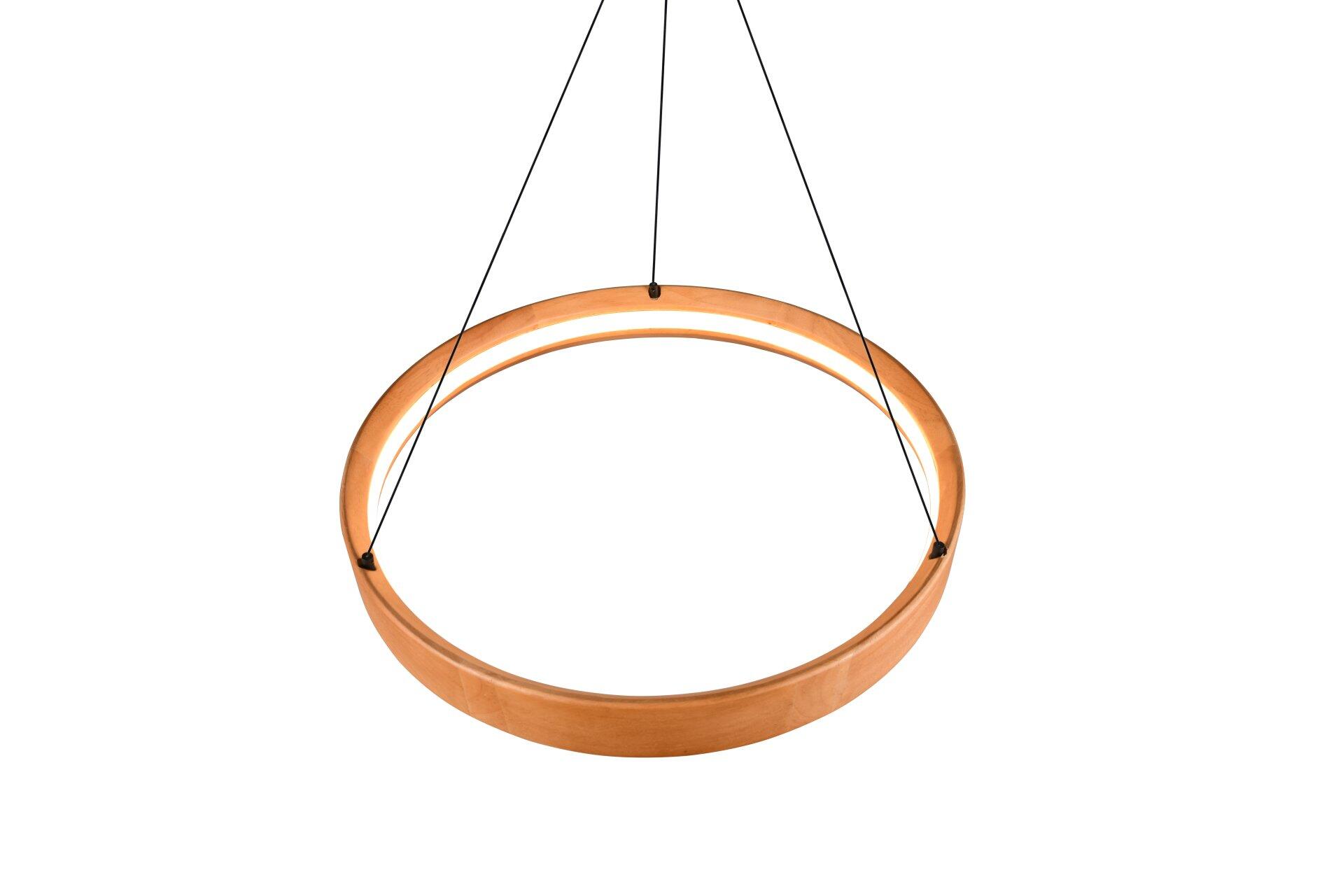 Pendelleuchte Lynwood mit zwei konzentrischen Holzelementen, der innere Ring strahlt warmes Licht ab, die äußere Hülle ist helles Holz.