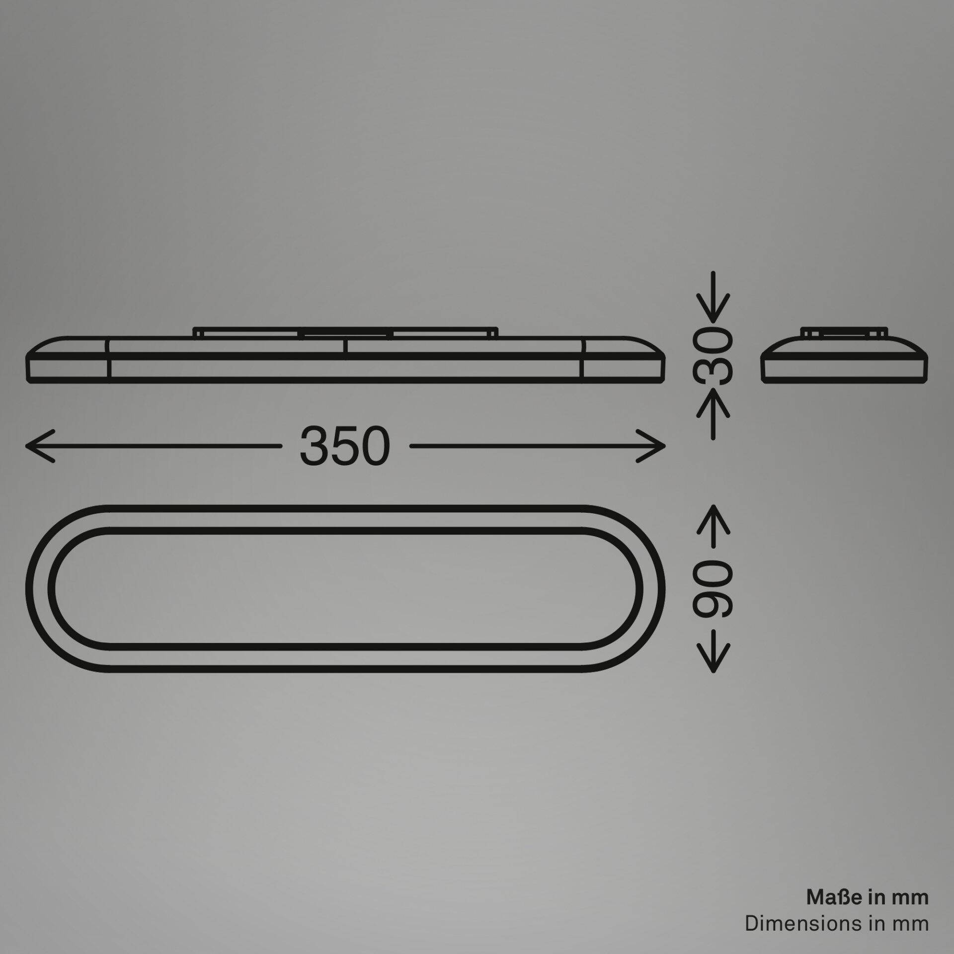 Schematische Darstellung der wandmontierten Badezimmerleuchte Pil, ein 35 cm langer, abgerundeter Leuchtboden mit integrierter LED-Beleuchtung und einer Dicke von 3 cm, gezeigt in Front- und Seitenansicht.