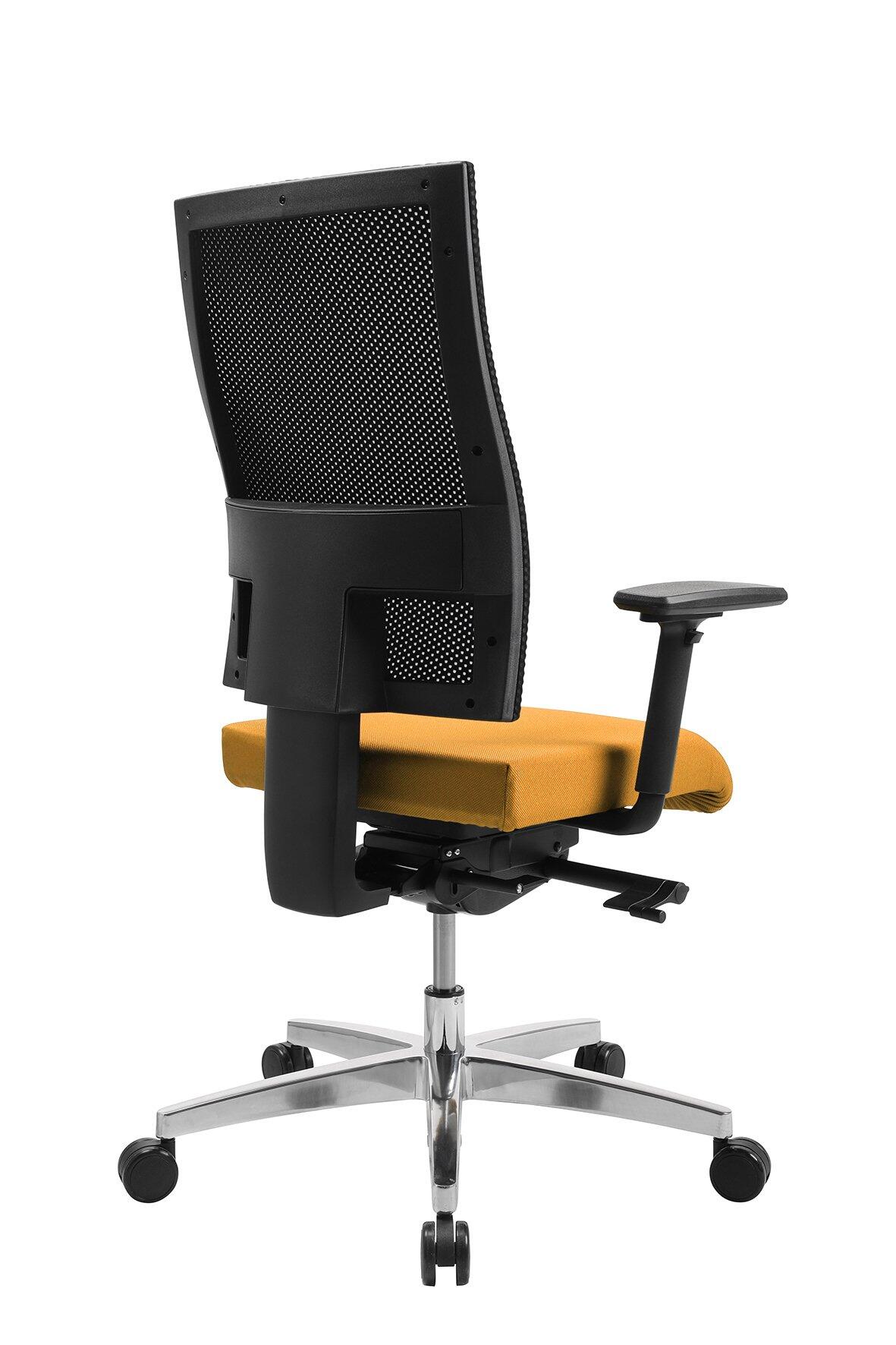 Bürostuhl Sitness Profi 200 mit höhenverstellbarer Lordosenstütze, verstellbarer Sitzfläche und Armlehnen, dargestellt aus einer Seitenperspektive mit fußgängertauglichem Rollenuntergestell.