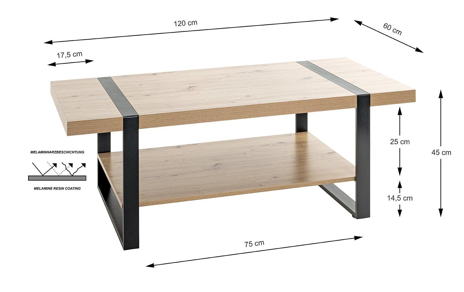 Detailaufnahme des Couchtisches 25499 mit Spanplattentischplatte in Eiche hell, umlaufendem schwarzen Stahlrohrrahmen und zusätzlichem Regal darunter, wobei die Maße (120x75x45 cm) sichtbar sind.