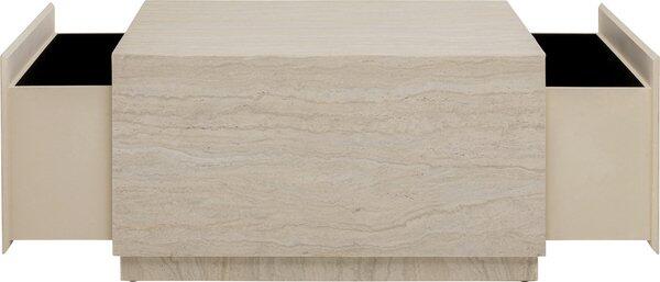 Couchtisch Travertino Trunk mit rechteckiger Marmorplatte, hellbeige Adern, Schubladen auf beiden Seiten und Soft-Close-Mechanismus.
