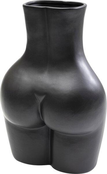 Schwarze, handbemalte Dolomit-Vase Donna im Stil einer stilisierten weiblichen Skulptur, aus der Perspektive von hinten und leicht erhöht dargestellt.