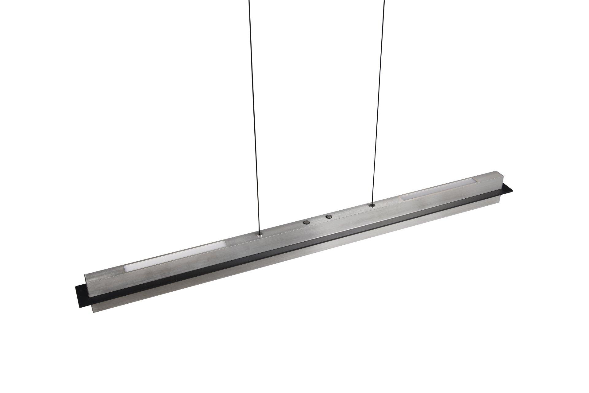 Pendelleuchte Emerson mit rechteckigem, silberfarbenem Gehäuse und integriertem Lichtstreifen, aufgehängt an zwei Kabeln, für eine gleichmäßige, indirekte Beleuchtung.