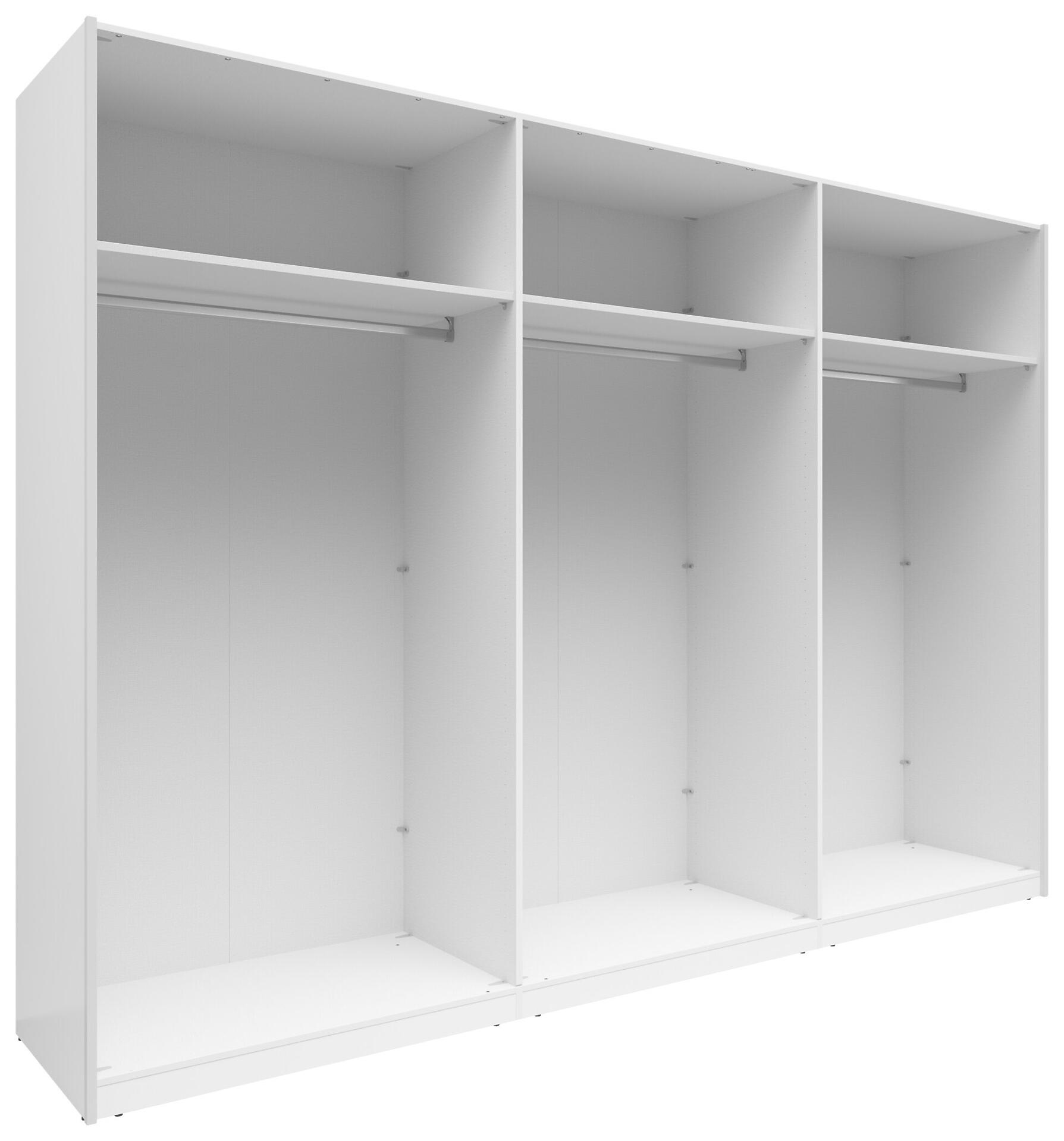 Schwebetürenschrank Neo mit drei Türen aus Dekor-Spiegelglass und Kunststoffgleitern, zeigt im Detail die Innenaufteilung mit drei gleich großen Bereichen, jeweils mit Kleiderstange und ebener Bodenfläche.