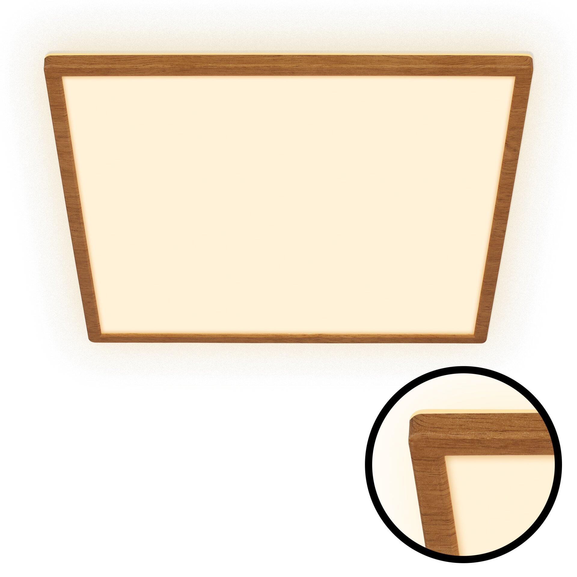 Panel Tava Wood: Quadratische LED-Leuchte mit Holzrahmen und abgerundeten Kanten, die ein hellgelbes Licht abgibt.