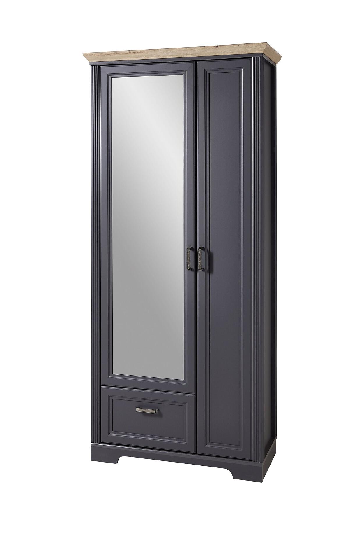 Grauer Kleiderschrank mit Spiegel und Naturholz-Akzenten.