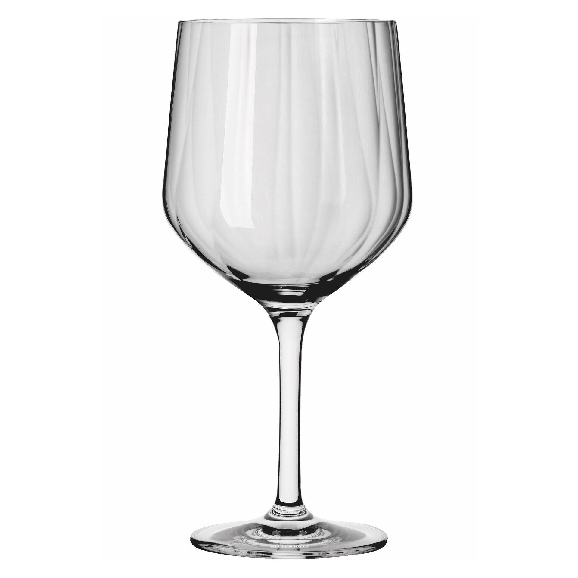 Gin-Glas mit schlankem Stiel und konischem Kelch, reliefierte Struktur, aus einem 2-teiligen Set, dargestellt in einem Hochformat.