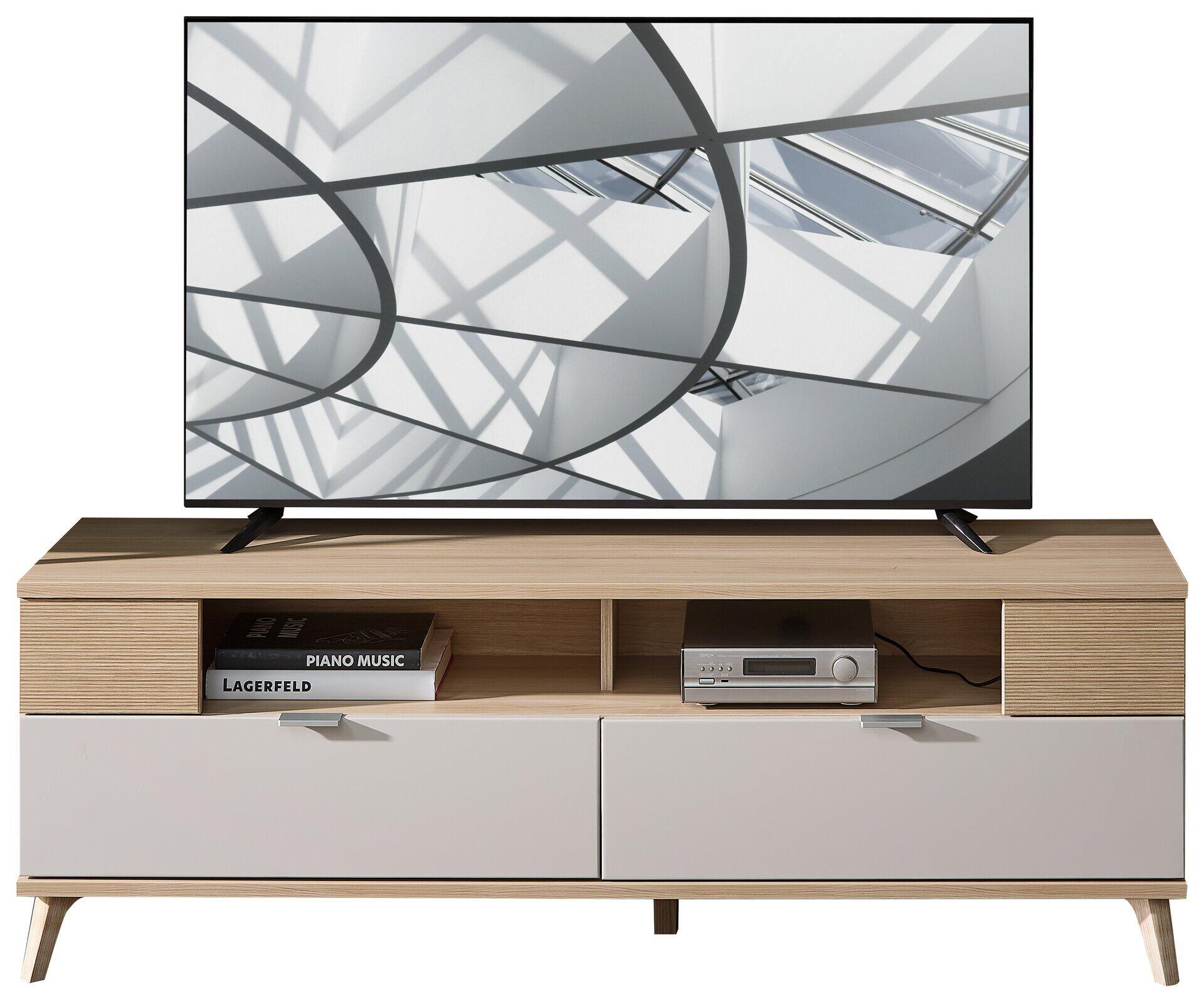 TV-Unterteil Basel-G mit zwei Schubladen, zwei offenen Fächern und schrägen Füßen, aus hellem Lamellendekor.