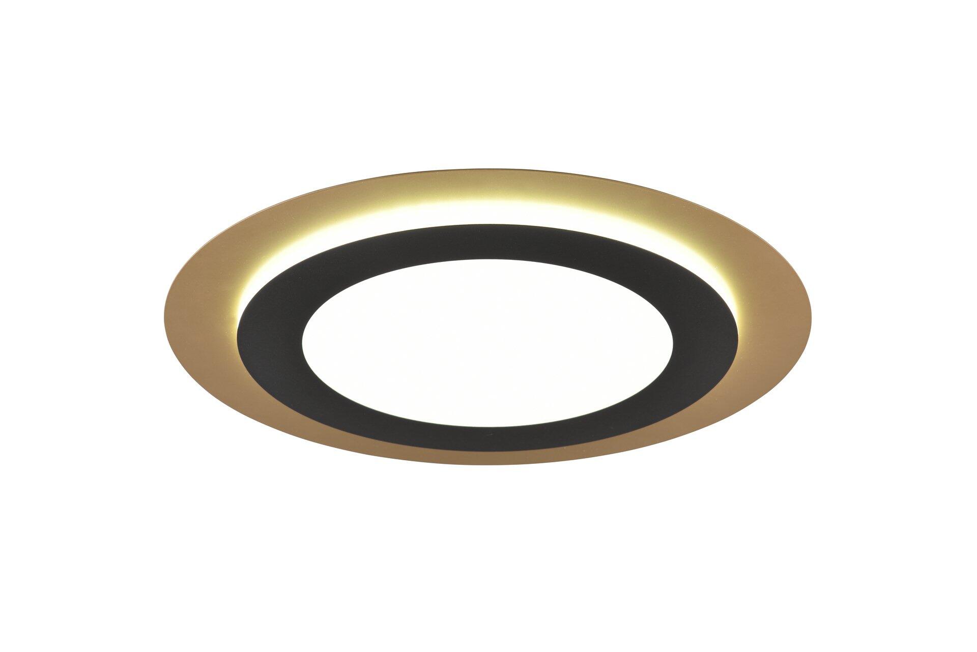 Deckenleuchte Morgan mit goldfarbenem Außenring und schwarzem Innenring, Frontalperspektive, stufenlos dimmbar und mit warmweißem Licht.