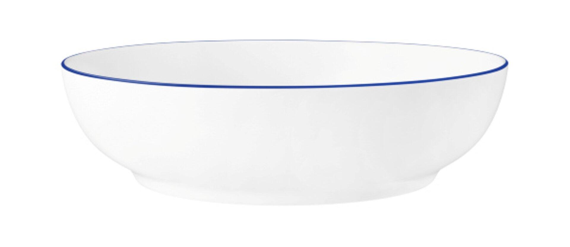 Weiße Foodbowl "Modern Life" mit blauem Farbrand am Rand und breitem Fuß, aus der Vogelperspektive dargestellt.