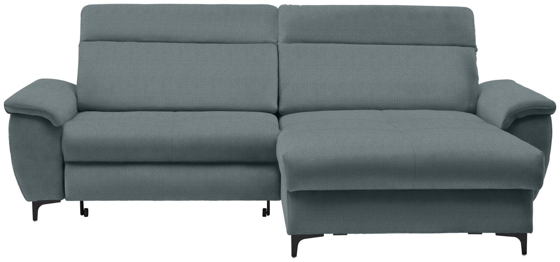 Ecksofa Retro in Frontalansicht mit abklappbarer Rückenlehne im Eckbereich und schlanken, schwarzen Metallfüßen.