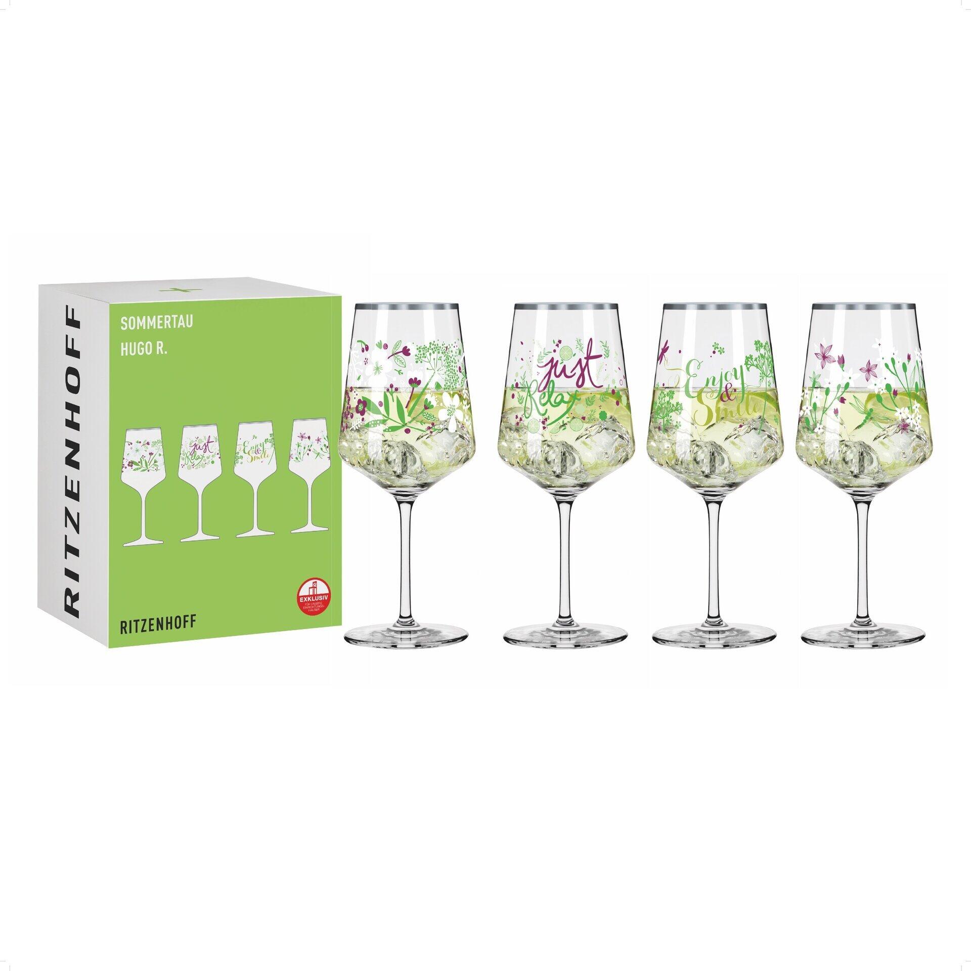 Aperitifglas-Set mit vier eleganten Gläsern, verziert mit floralen Mustern in Grün, Gelb und Rosa, präsentiert in einer Geschenkbox.
