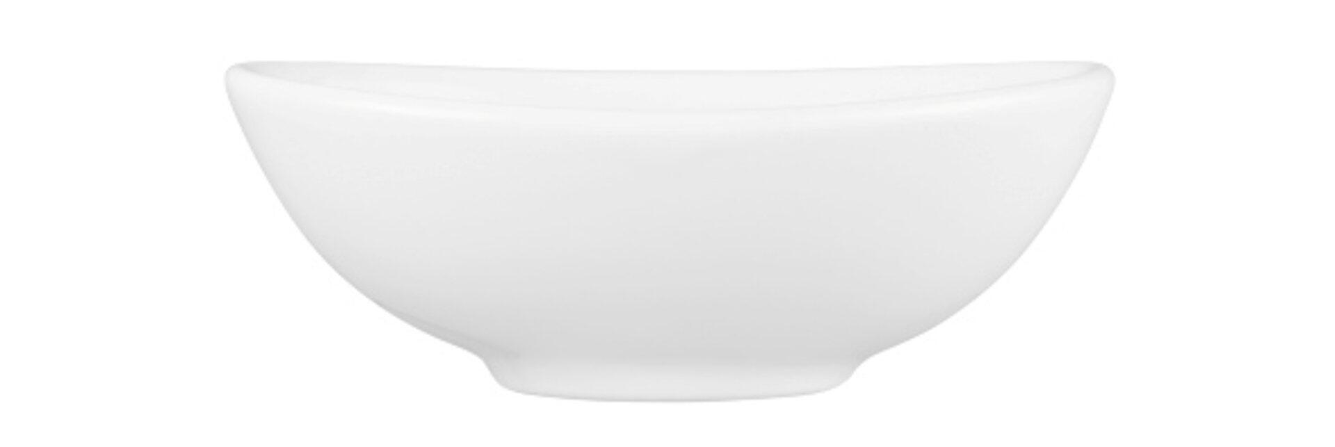 Weiße, moderne Schale "Bowl, Modern Life" mit gewellten Kanten und schmalem Fuß, aus der Vogelperspektive dargestellt.