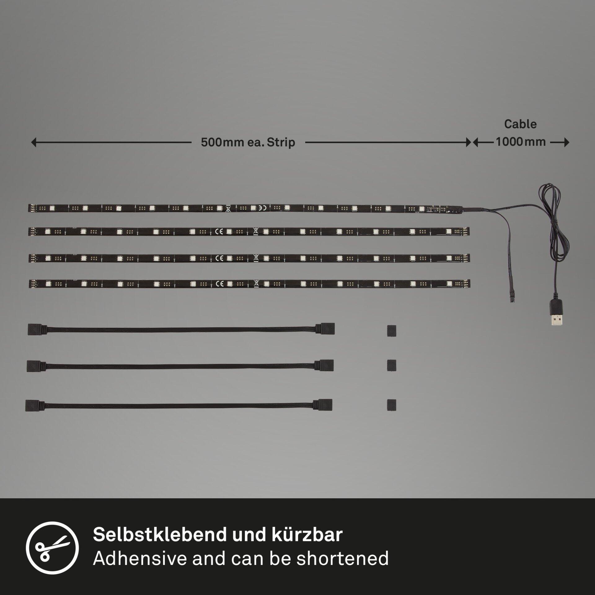 LED Band BRILO, kürzbar und selbstklebend, zeigt USB-Anschluss zur Stromversorgung und Längenangaben von 500 mm und 1000 mm.