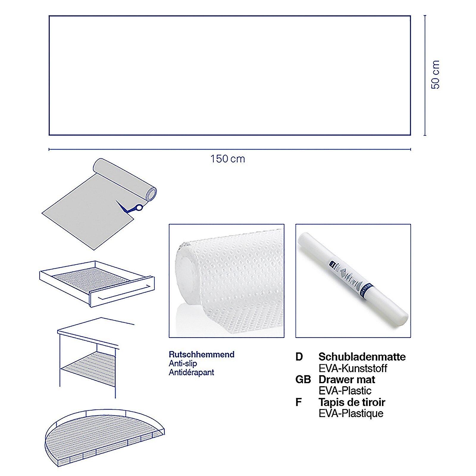 Schubladenmatte Soletta aus EVA-Schaumstoff mit rutschhemmender Textur, Detailaufnahme der Dicke und des Aufdrucks "Rutschhemmend" und "EVA-Kunststoff".