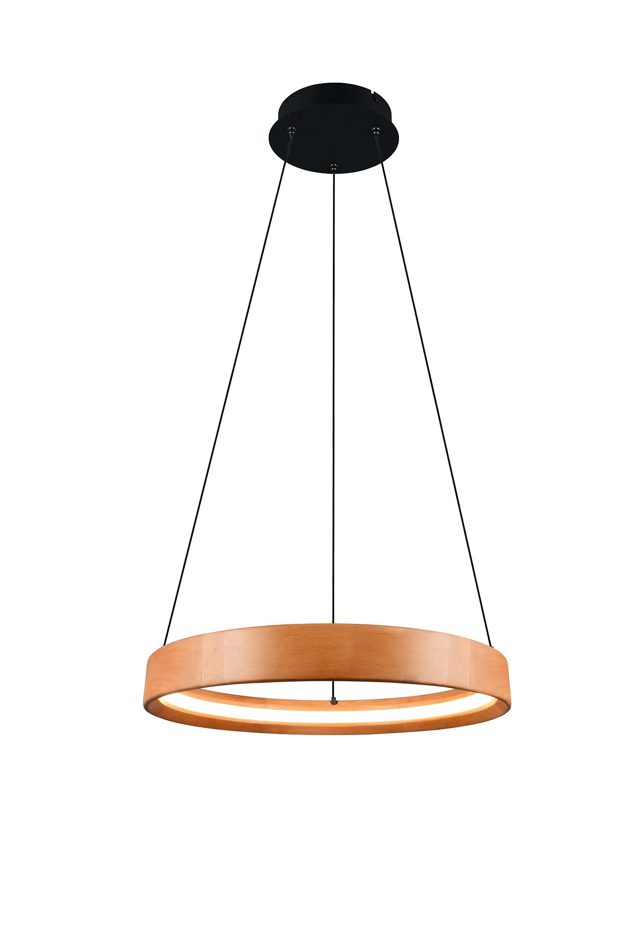 Pendelleuchte Lynwood mit hölzernen, konzentrischen Ringen und hellem Lichtkranz, dargestellt aus gerader Perspektive von unten.