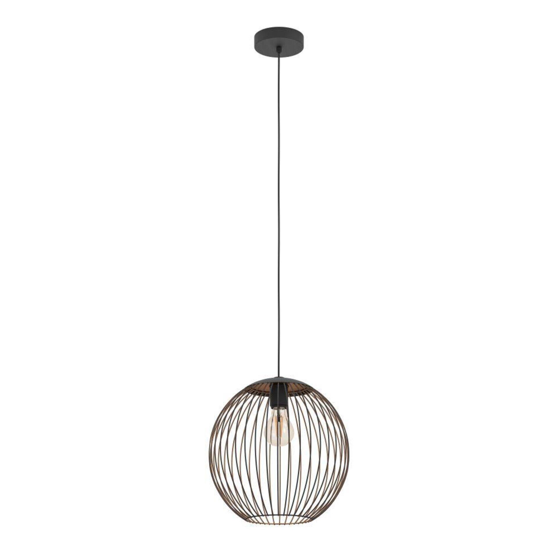Pendelleuchte Almanzora mit Kugelform aus dunklen Metallstreben und warmer Beleuchtung, dargestellt in Frontalperspektive.