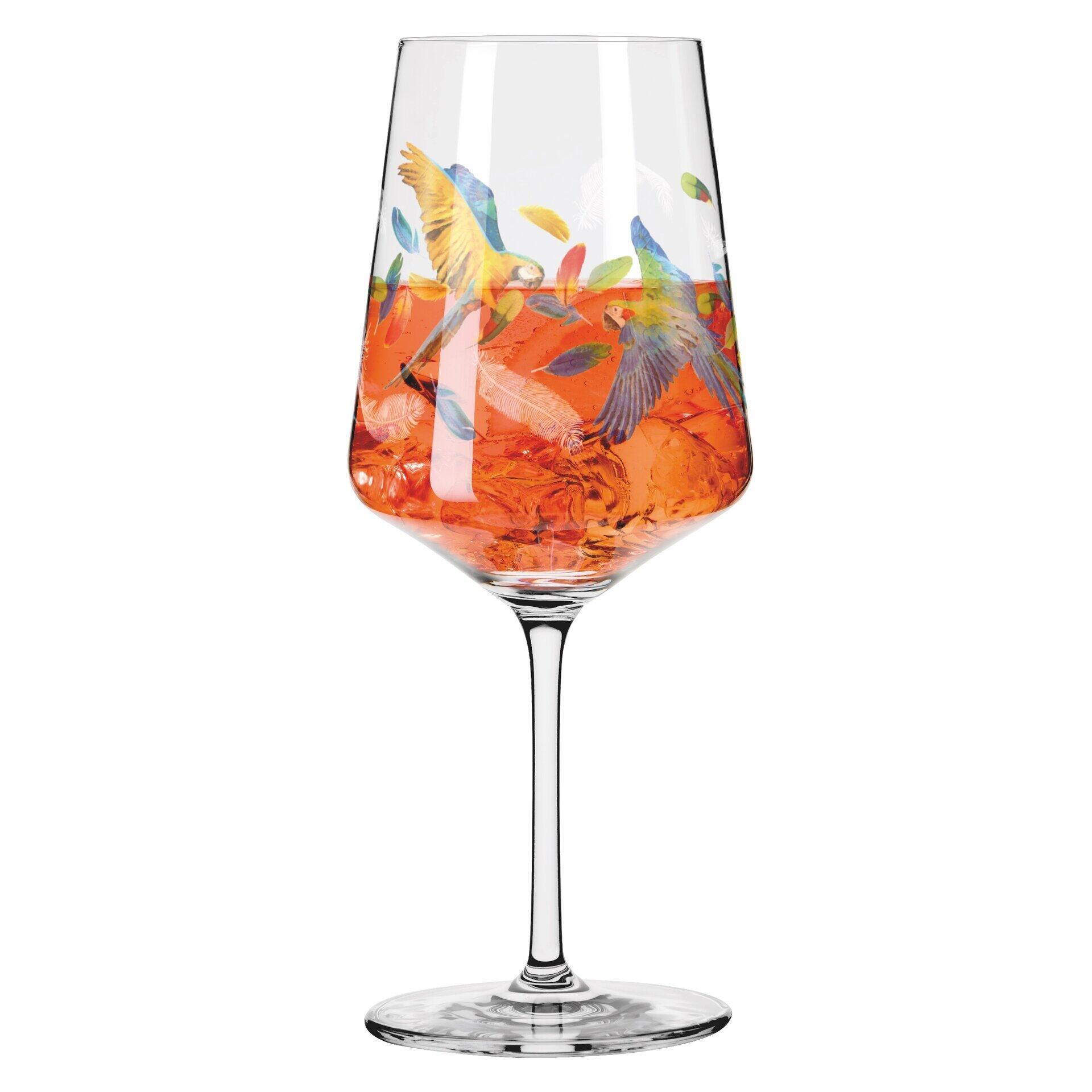Aperitifglas mit Papageienmotiv, Frontalansicht, zeigt schlanke Form, eleganten Stiel und farbenfrohe Tiermotive im Inneren.