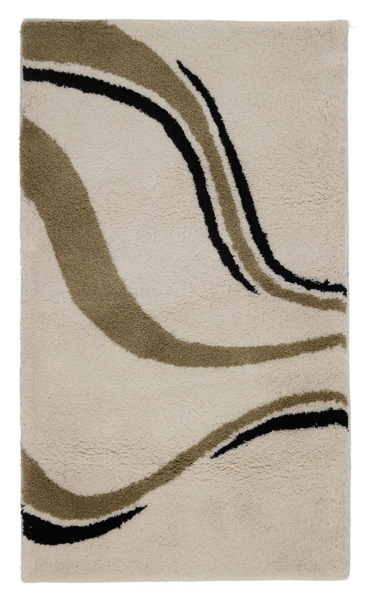 Badteppich Ventu LUT mit flauschiger Oberfläche und abstraktem, wellenförmigem Design in Beige, Braun und Schwarz.