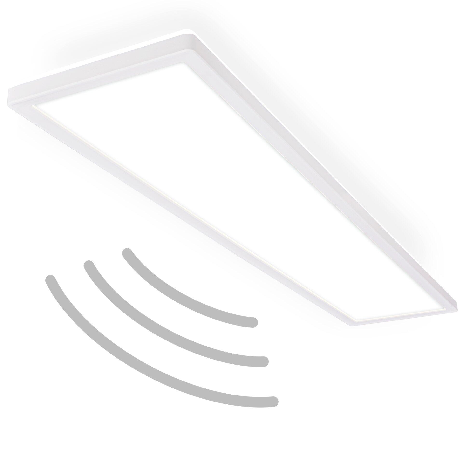 Panel Move LED Deckenleuchte, quadratisch, weiß, mit Pfeil-Symbol zur Darstellung der möglichen Regelung der Lichtintensität.