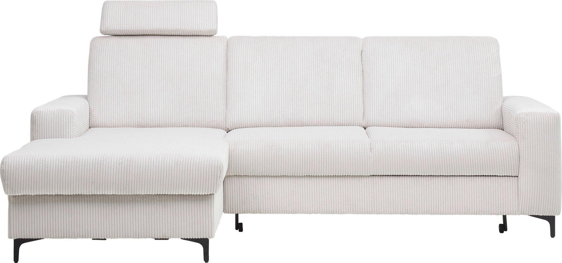 Ecksofa Balina in Weiß mit Relaxfunktion, strukturierter Oberfläche, niedriger Ecklounge, erhöhtem Rücken und schwarzen Metallfüßen.