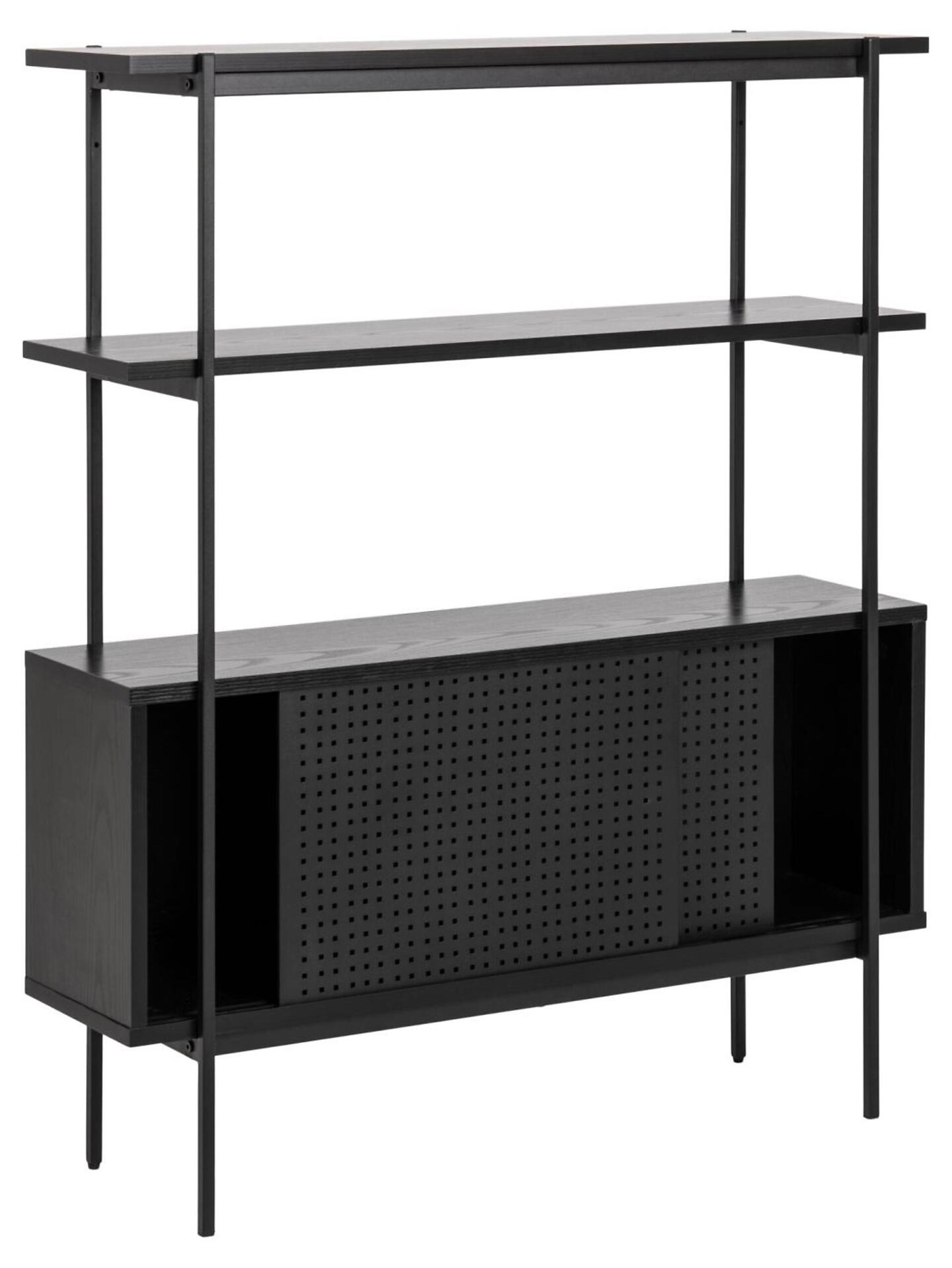 Modernes schwarzes Regal Angus mit drei Ablageflächen, Metall Mesh Schiebetür und rauer Pulverbeschichtung.