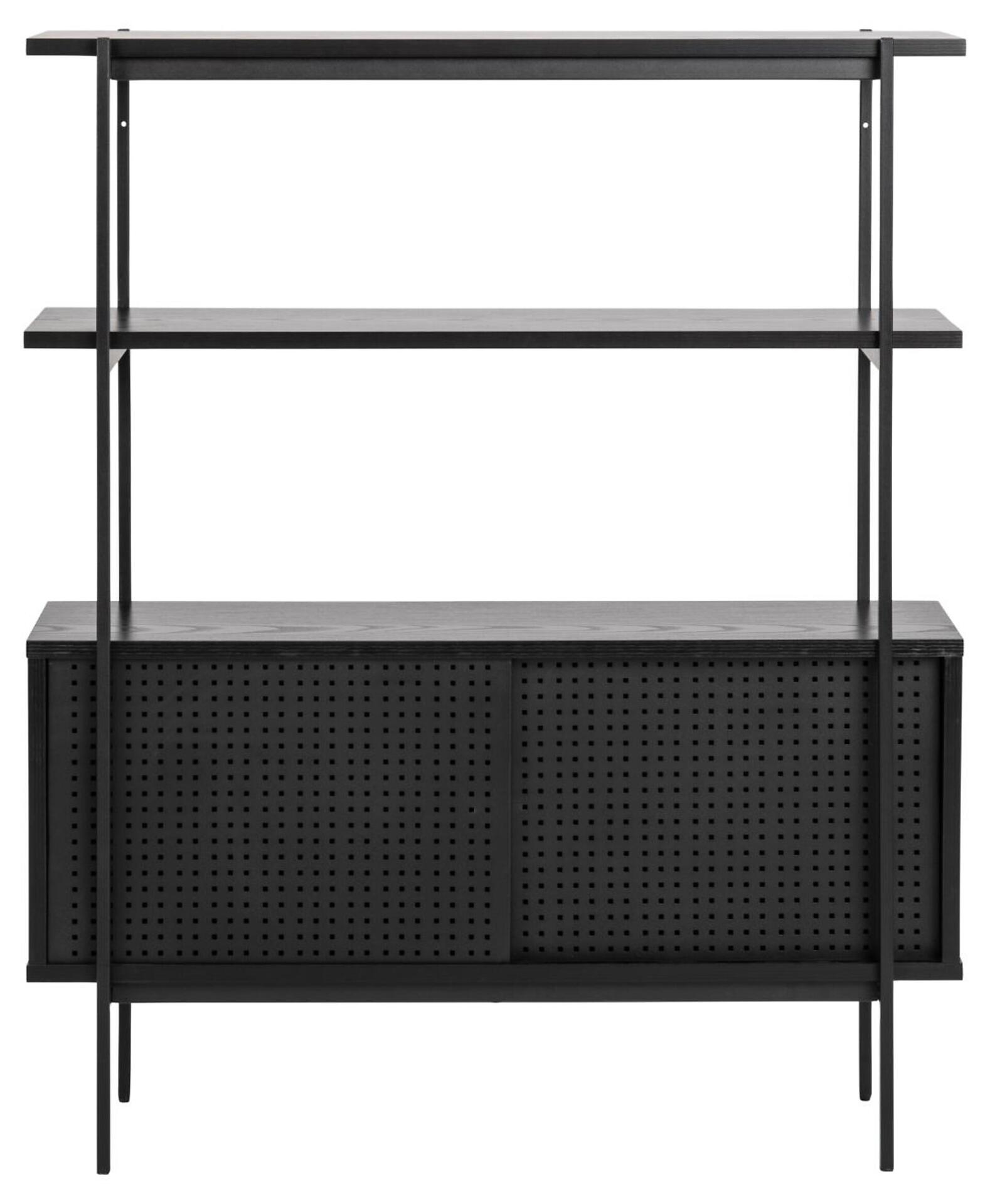 Schwarzes, freistehendes Regal Angus mit Metall-Mesh-Schiebetür und einem Regalboden, dargestellt in Frontalperspektive.