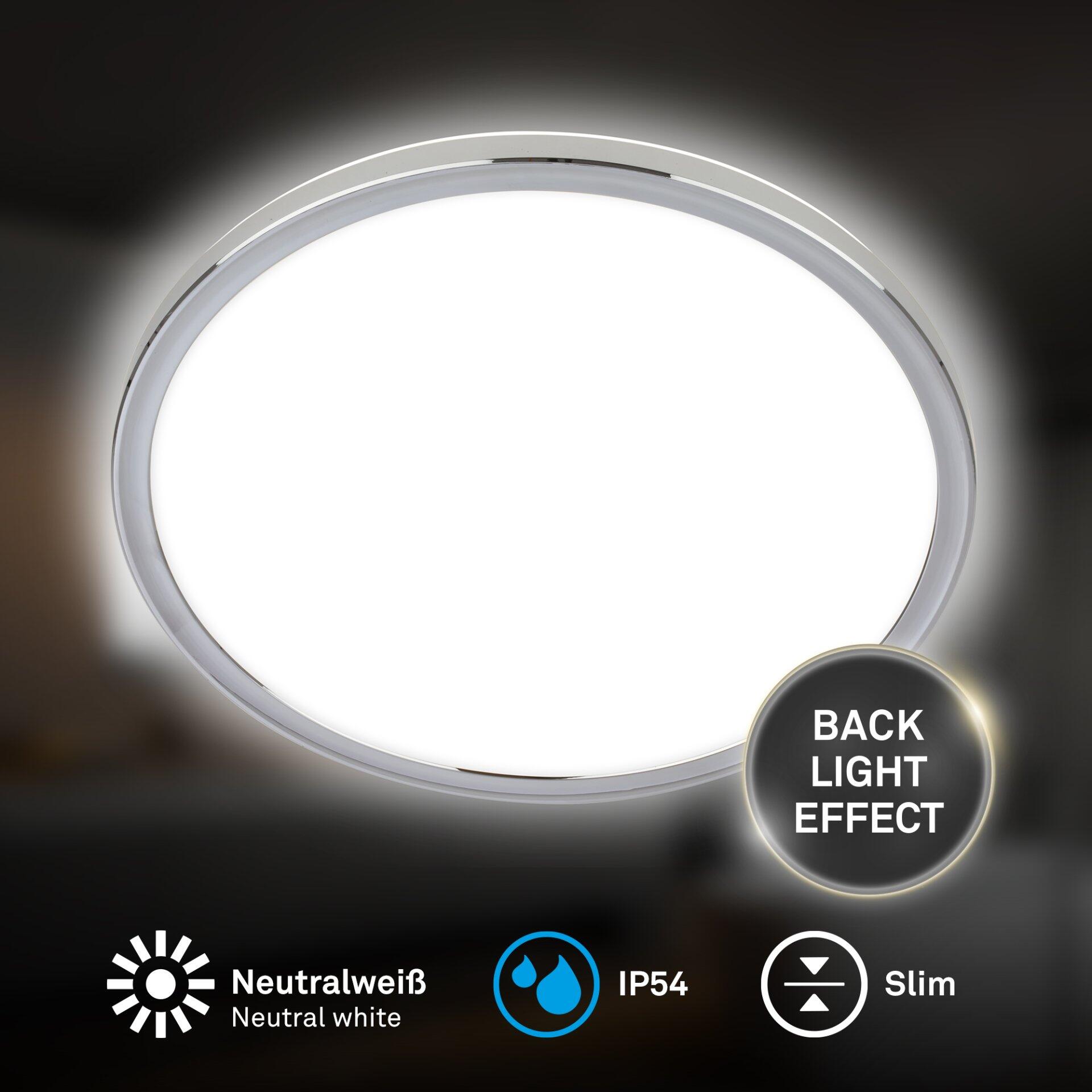 Badezimmerleuchte Pulap mit Ø42cm und einem schlanken, silberfarbenen Rand, die durch den Backlight-Effekt in Neutralweiß und mit IP54-Schutzgrad besonders zur Geltung kommt.