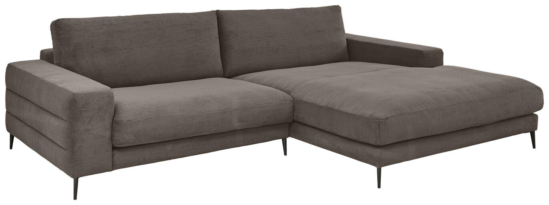 Graues Ecksofa Badia Base 2.0 mit abnehmbarer Rückenlehne und integrierter Chaiselongue, perspektivisch seitlich abgebildet, zeigt die linke und rechte Sofa-Komponente.