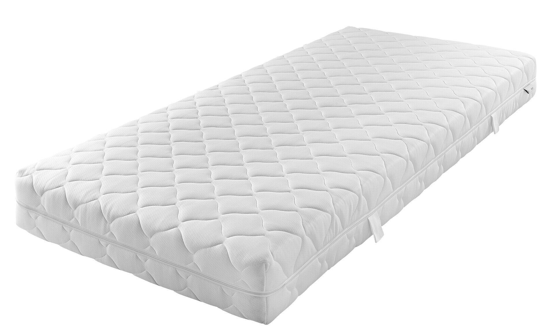 Matratze DormiSpring T100 mit weißem, gesteppten Bezug und Fischgrätmuster, frontal und leicht von oben abgebildet.