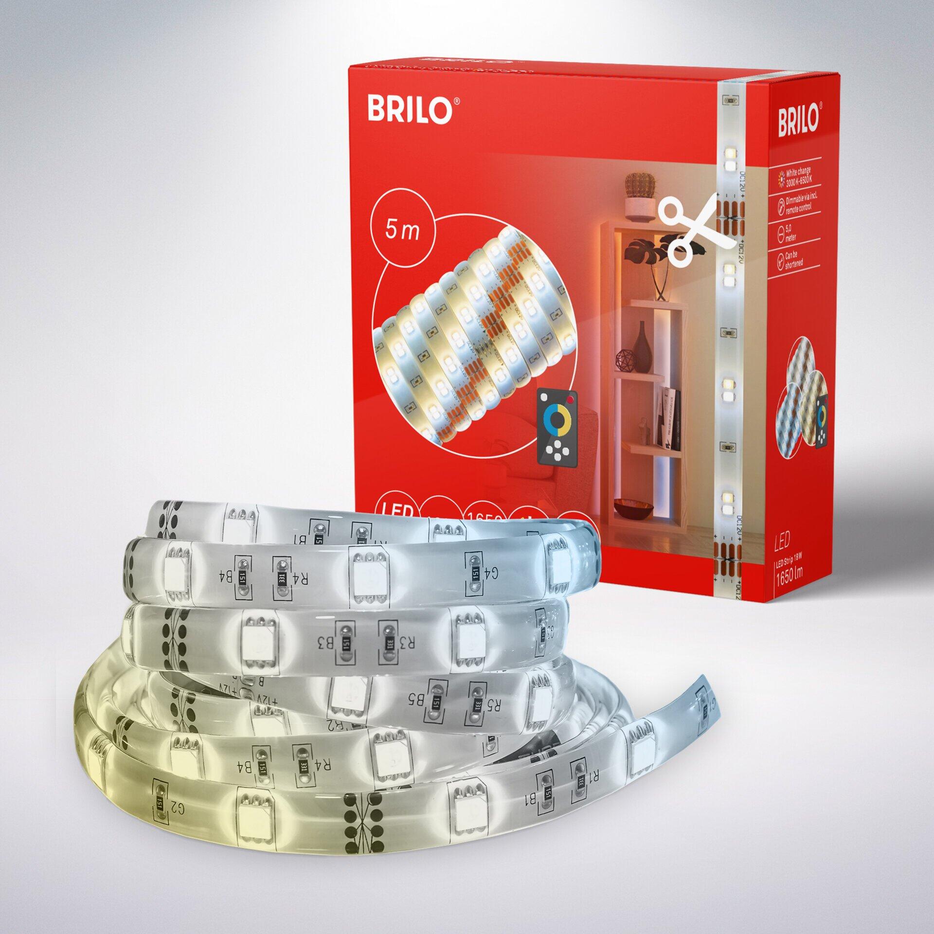 LED Band Led Superline mit RGB-Farben, Dimmfunktion, Fernbedienung und Musiksynchronisation, dargestellt auf einer Rolle mit der Angabe "5m" und im Einsatz hinter einem Sofa für indirekte Beleuchtung.