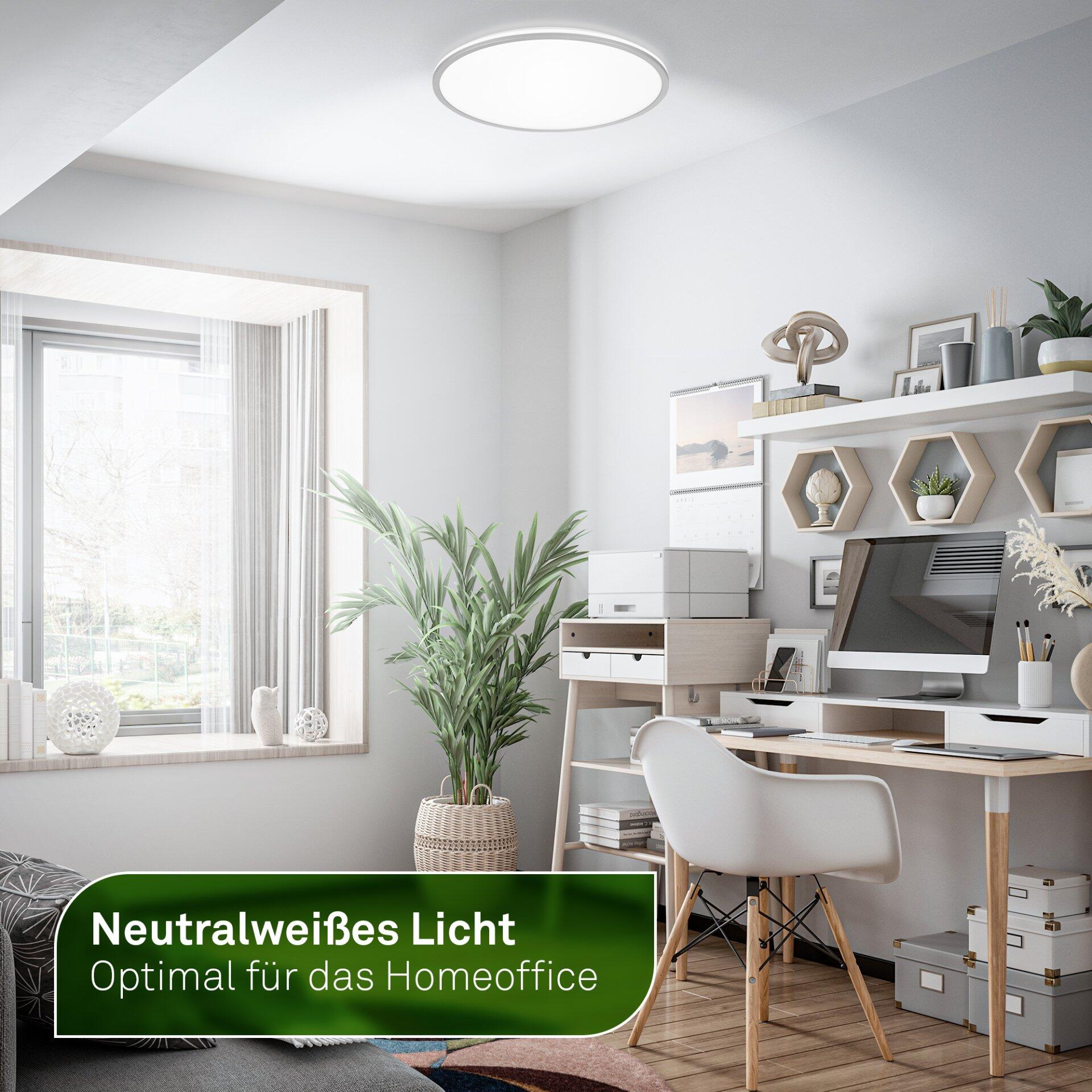 Pendelleuchte Lana a erhellt einen Schreibtisch in einem modernen Arbeitsbereich, wobei die runde Form und das neutrale Weiß die helle Arbeitsfläche optimal ausleuchten.