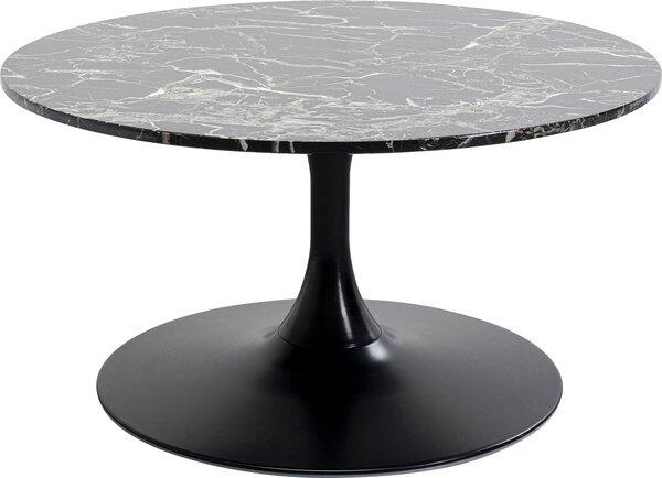 Detailaufnahme des Couchtischs Schickeria Marmor Schwarz mit runder, marmoroptischer Tischplatte und schlankem, konischen Fuß, der eine freischwebende Optik erzeugt.