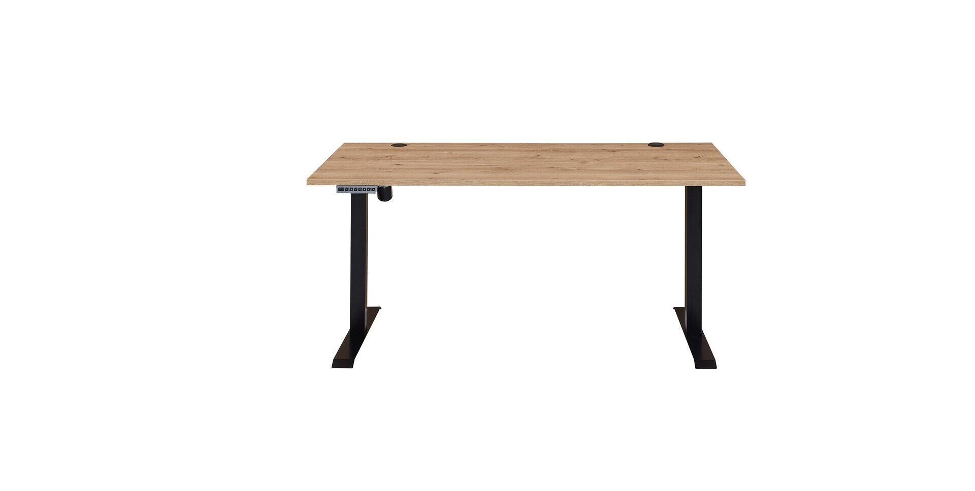 Schreibtisch Sonos mit höhenverstellbarem, schwarzem Metallgestell, gebürsteter Holztischplatte mit zwei runden Ausschnitten und Bedienknopf zur Höhenverstellung.