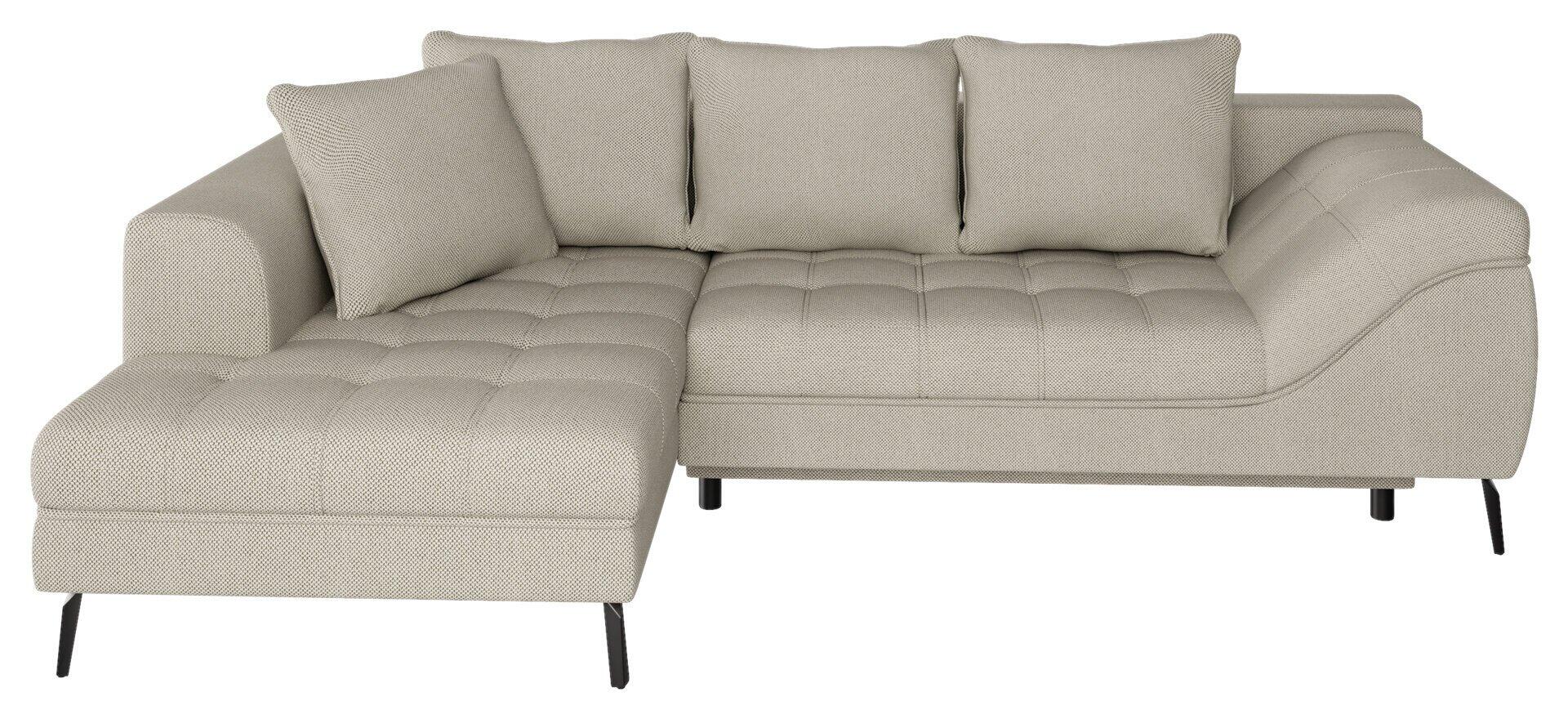 Ecksofa Imperial in hellgrau/beige mit Schlaffunktion und tiefem Liegeflächenbereich auf der linken Anstelle sowie dreigeteiltem Rücken mit Kissen auf der rechten Seite.