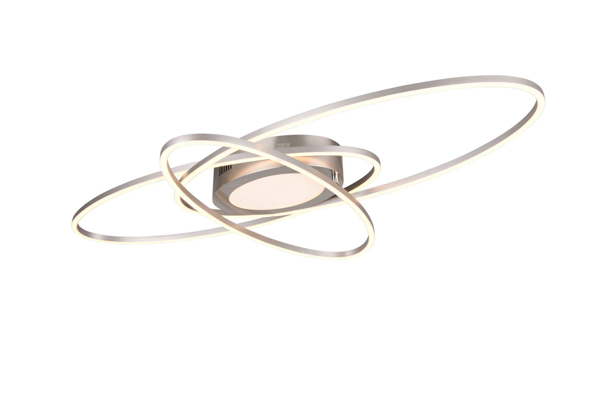 Deckenleuchte Ovine mit konzentrischen, kreisförmigen Elementen in metallischem Design und dimmbarem, warm-orangefarbenem Licht in Dreiviertelperspektive.