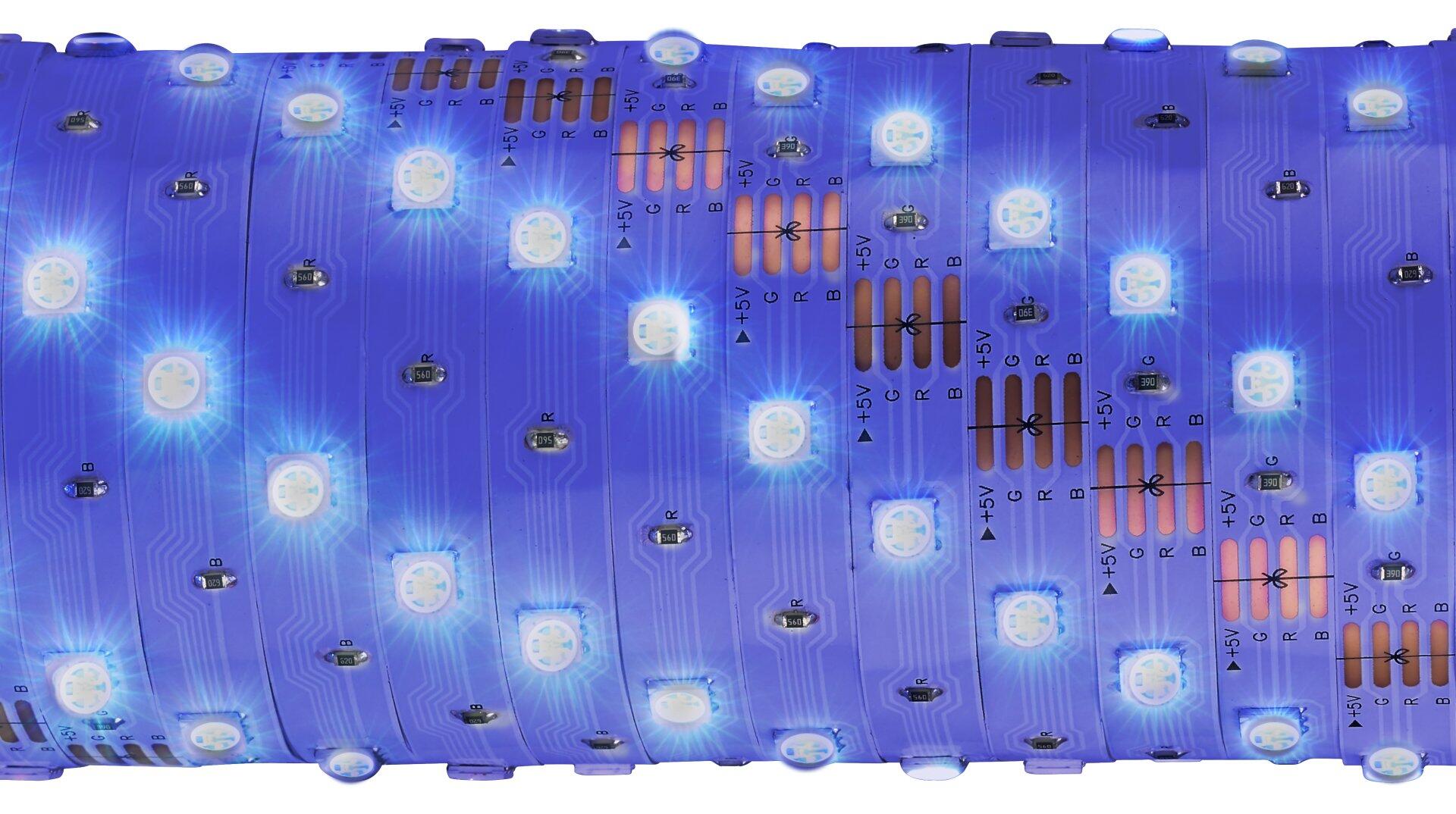 LED-Streifenbeleuchtung BRILO mit RGB-LEDs auf einer Platine und Kennzeichnung der Farbkanäle und Spannungsversorgung.