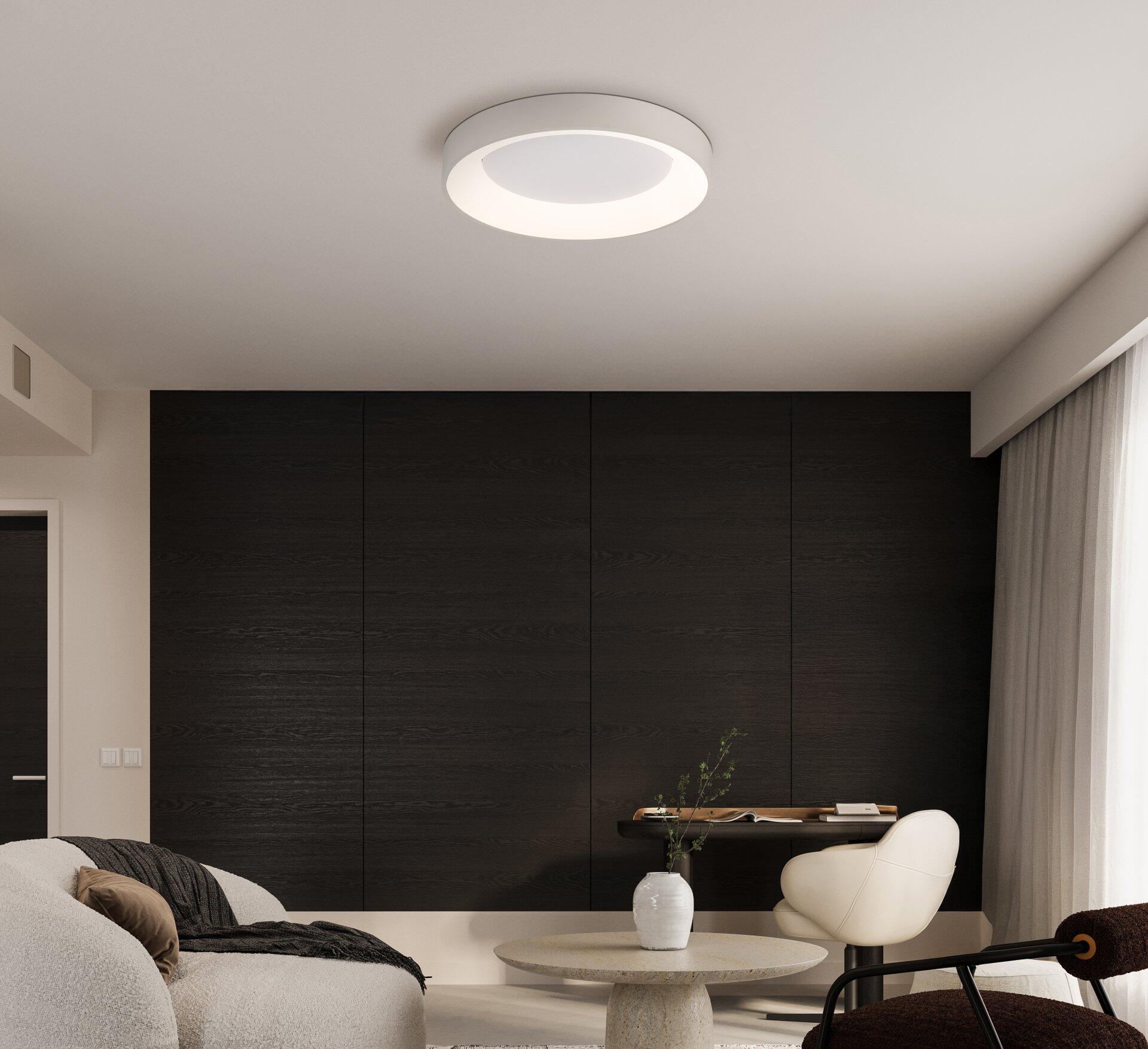 Deckenleuchte GALLEGOS mit ringförmigem Lichtelement, integriert in ein modernes Wohnzimmer.