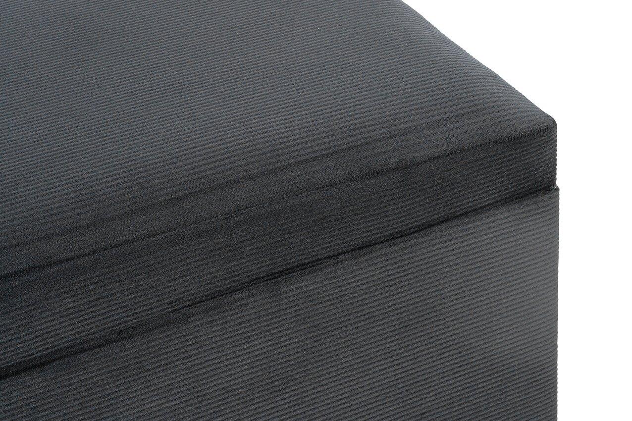 Schwarze, gepolsterte Sitztruhe (54545) aus Cord mit strukturierter Oberfläche, detailreiche Ansicht von oben und leicht seitlich.