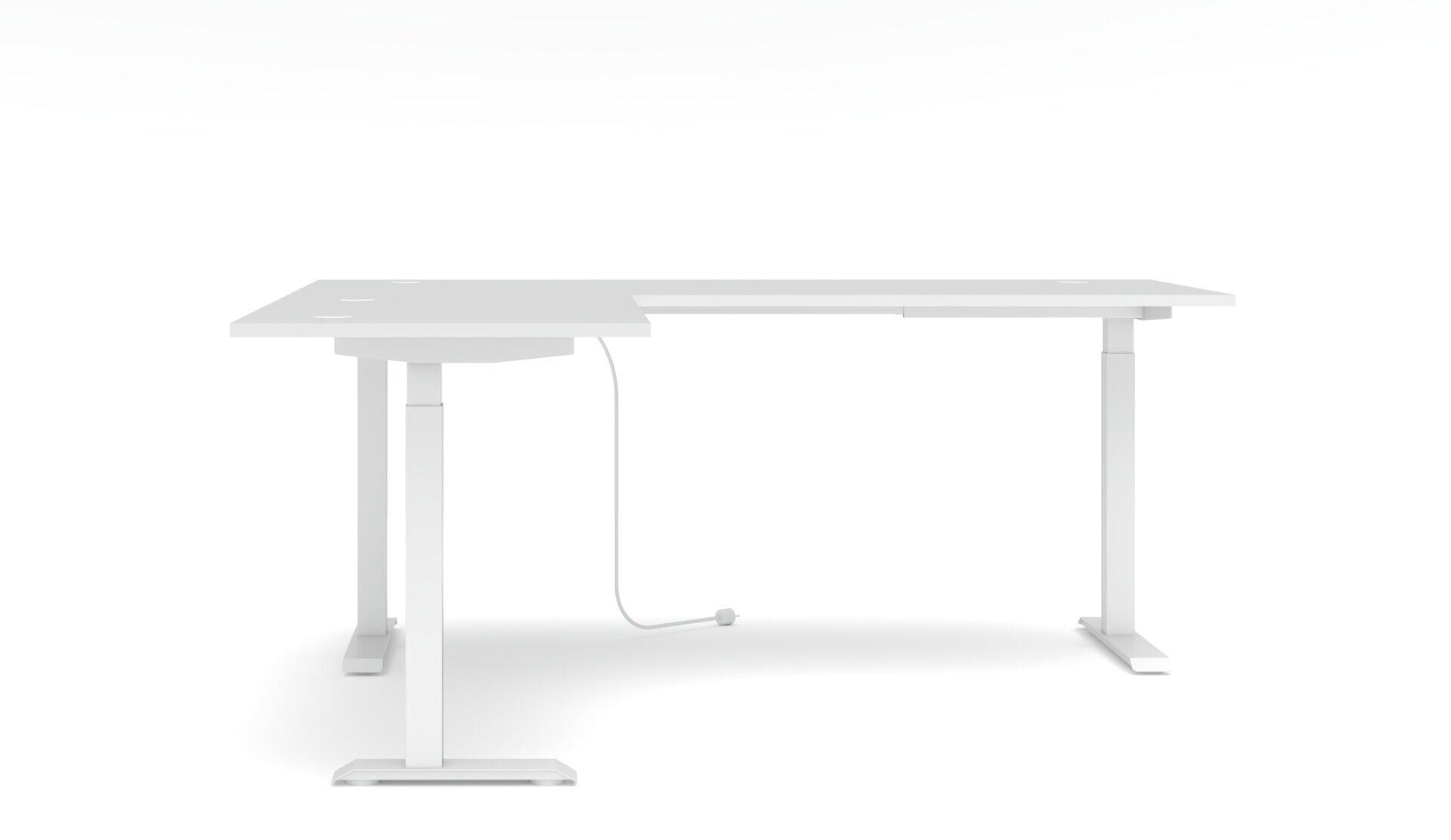 Schreibtisch Diana in L-Form mit höhenverstellbarer Artisan Eiche Tischplatte und weißem Metallgestell, das die elektrische Höhenverstellung von 72 bis 120 cm demonstriert.
