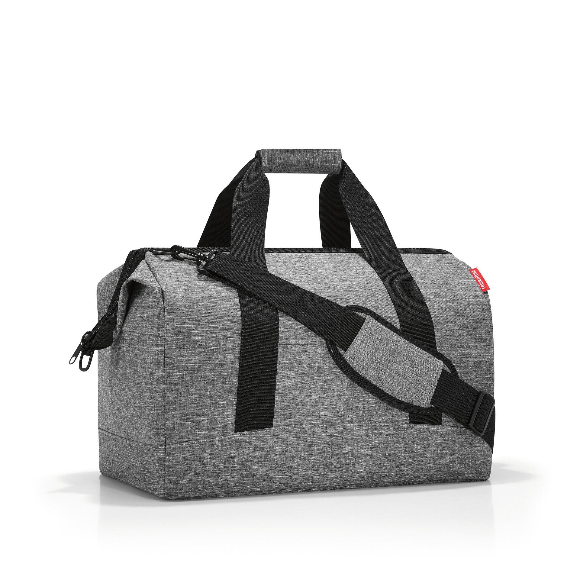 Reisetasche Allrounder l in Grau mit verstellbarem Schultergurt und zwei Henkeln, seitlich perspektivisch dargestellt.