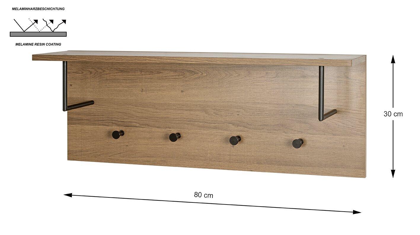Wandgarderobe 37147 mit Hutablage, Kleiderstange und Haken, aus dunklem Eichenholzdekor mit gebogenen, schwarzen Metallhalterungen und Haken.